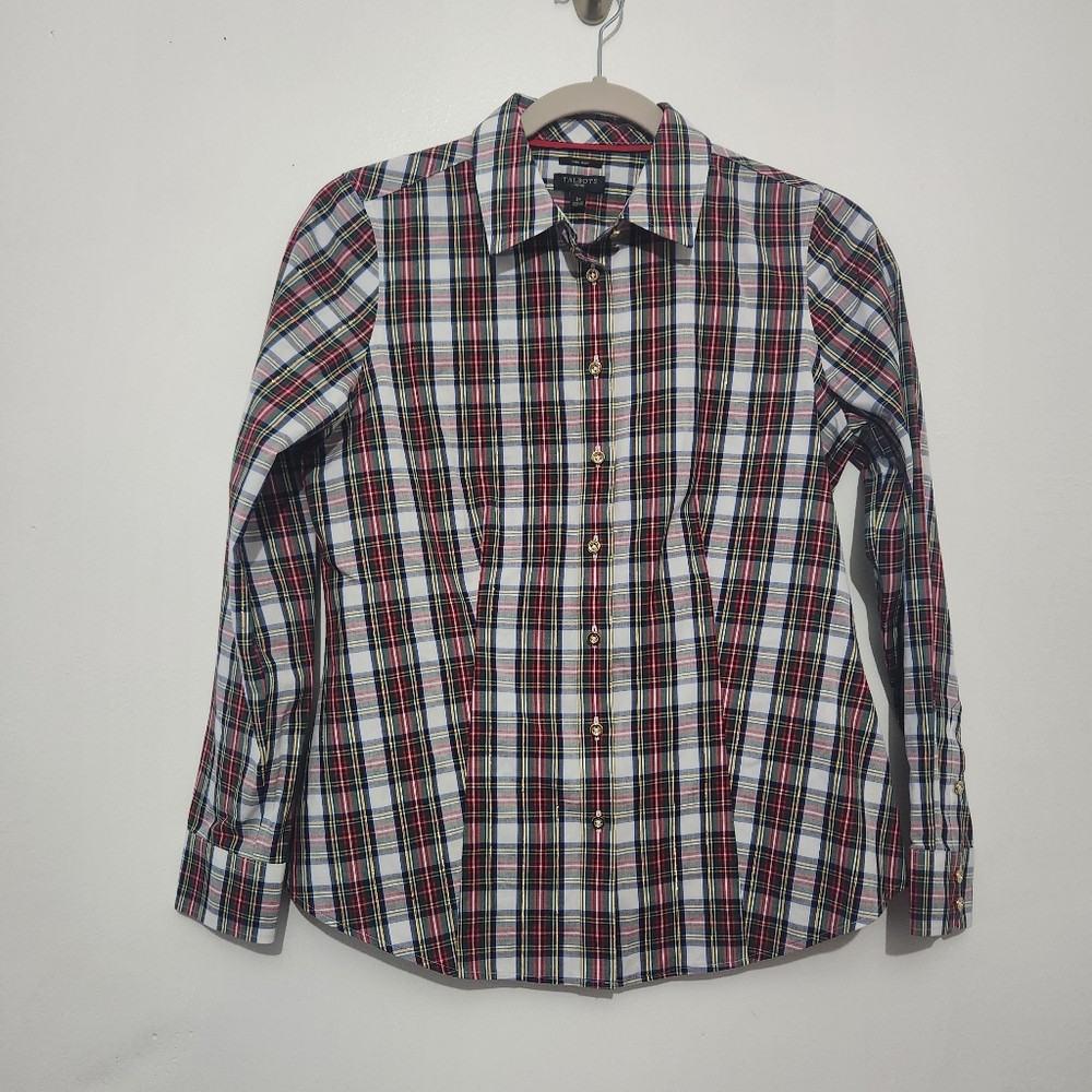 Talbots Blouse 2 Petite Holiday Plaid Button Up Shirt Red Green Gold Tartan P2